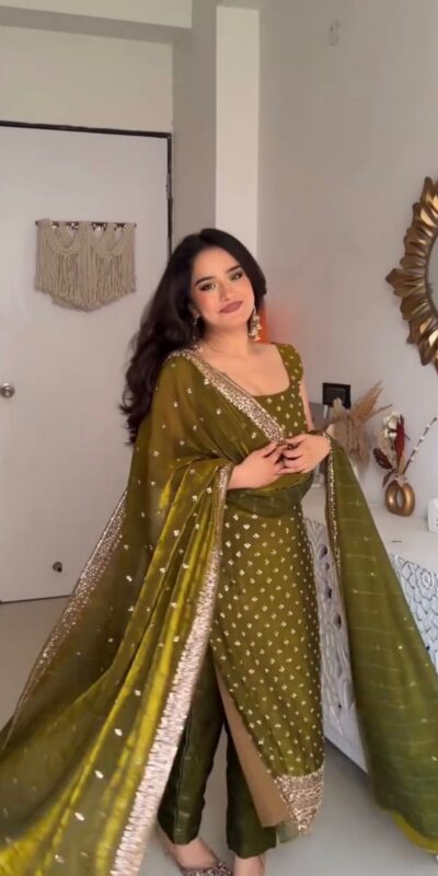 Classic Mehendi Fendy Silk Sequence Work Salwar Suit | Jump Suits, Salwar suit, Casual Suits, Creative suits, Designer Suits, Palazzo Suits, Party Wear Suits, Patiala Suits, Straight Suits