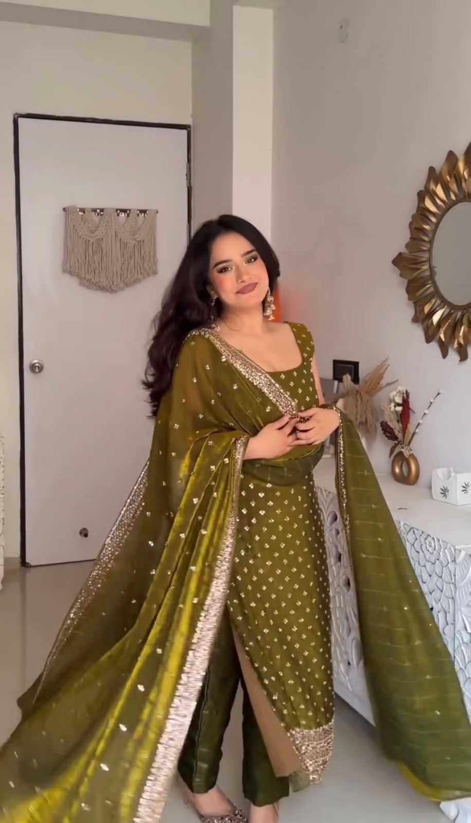 Classic Mehendi Fendy Silk Sequence Work Salwar Suit | Jump Suits, Salwar suit, Casual Suits, Creative suits, Designer Suits, Palazzo Suits, Party Wear Suits, Patiala Suits, Straight Suits