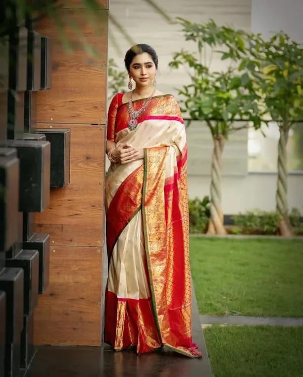 Classic Off White Lichi Silk Jacquard Work Saree | Sarees, Bollywood Sarees, Creative Sarees, Designer Sarees, Embroidered Sarees, Ethnic Saree, Modern Digital sarees, Party Wear Sarees