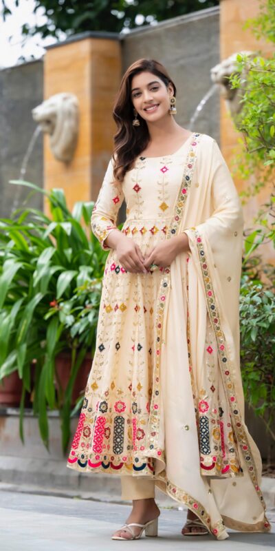 Cream Chinon Silk Cut Work Embroidery Anarkali Suit | Anarkali Suits, Bollywood Anarkali, Creative-Anarkali, Designer Anarkali, Embroidered Anarkali, Party Wear Anarkali
