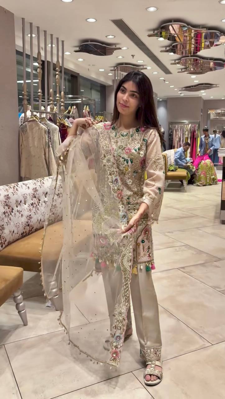 Cream Faux Georgette With Mirror Work Salwar Suit | Jump Suits, Tops & Bottoms, Track Suits, Salwar suit, Casual Suits, Creative suits, Designer Suits, Palazzo Suits, Party Wear Suits, Patiala Suits, Straight Suits, Trendy Wear