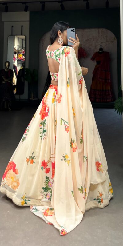 Cream Georgette Floral Printed Lehenga Choli | Lehenga, Bollywood Lehenga, Creative Lehenga, Designer Lehenga, Embroidered Lehenga, Party Wear Lehenga