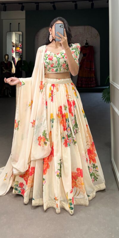 Cream Georgette Floral Printed Lehenga Choli | Lehenga, Bollywood Lehenga, Creative Lehenga, Designer Lehenga, Embroidered Lehenga, Party Wear Lehenga