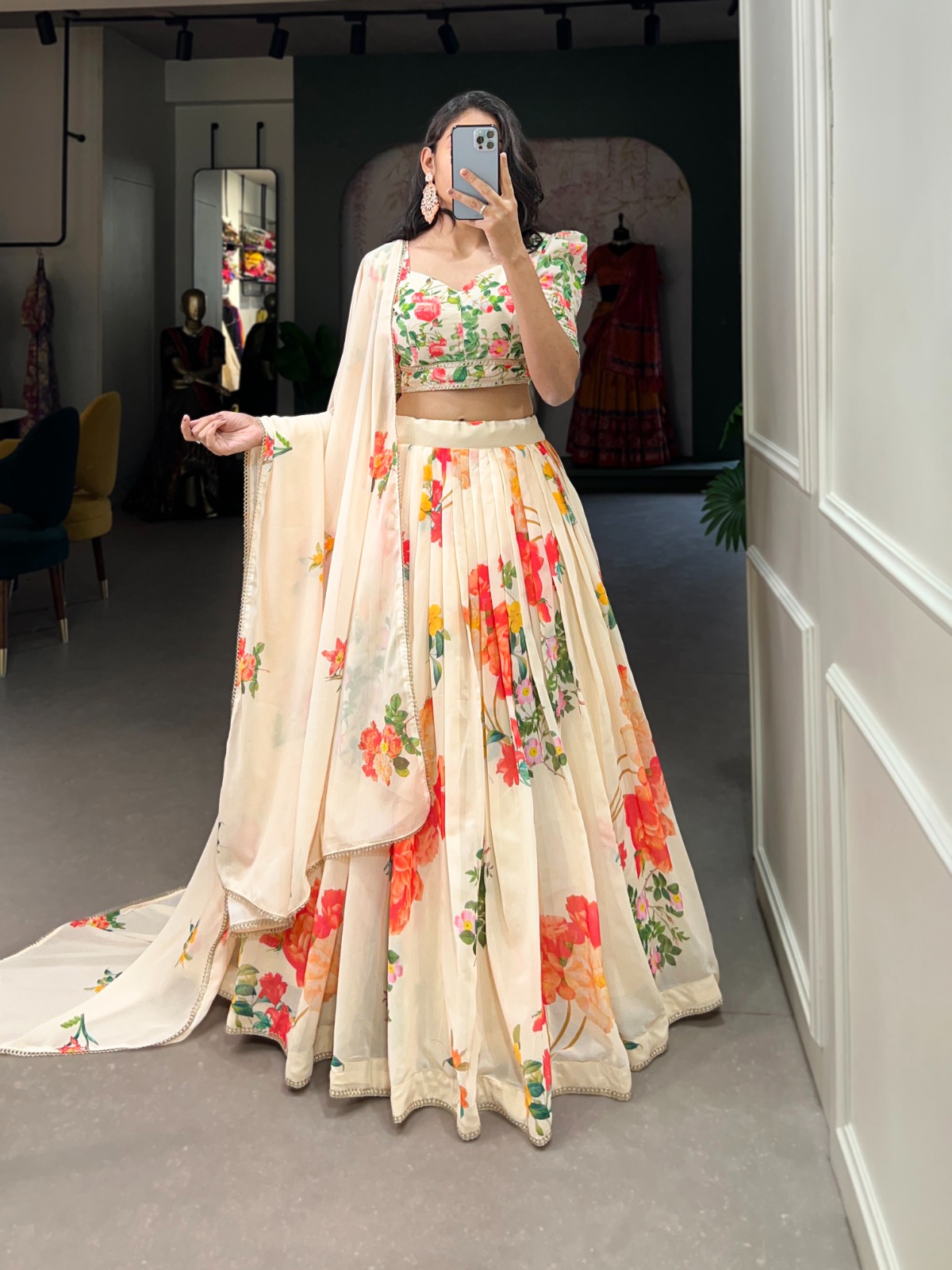 Cream Georgette Floral Printed Lehenga Choli | Lehenga, Bollywood Lehenga, Creative Lehenga, Designer Lehenga, Embroidered Lehenga, Party Wear Lehenga