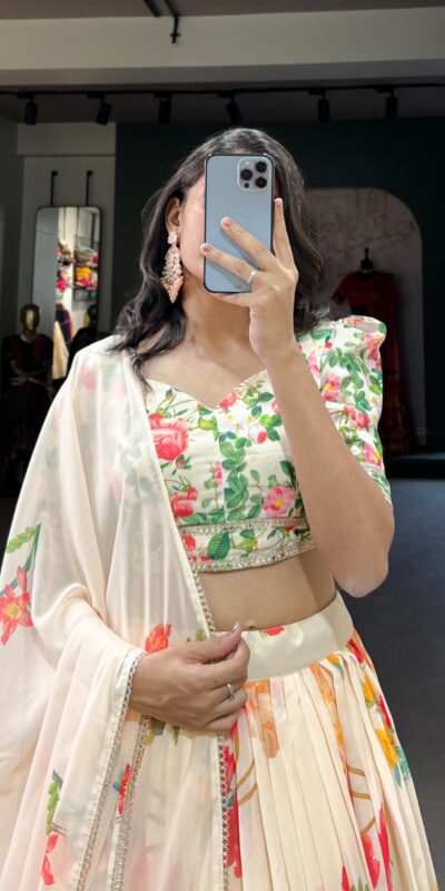 Cream Georgette Floral Printed Lehenga Choli | Lehenga, Bollywood Lehenga, Creative Lehenga, Designer Lehenga, Embroidered Lehenga, Party Wear Lehenga