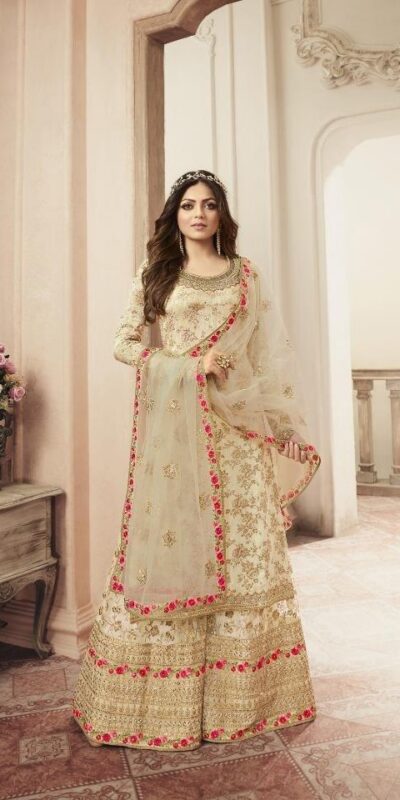 Cream Jacquard Silk Georgette Diamond Sharara Suit | Jump Suits, Salwar suit, Casual Suits, Creative suits, Designer Suits, Palazzo Suits, Party Wear Suits, Patiala Suits, Straight Suits