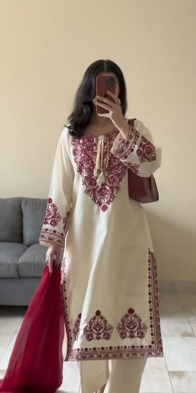 Cream Natural Crep Embroidery Work Salwar Suit | Jump Suits, Salwar suit, Casual Suits, Creative suits, Designer Suits, Palazzo Suits, Party Wear Suits, Patiala Suits, Straight Suits