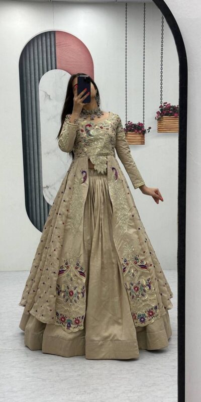 Cream Vichitra Sequence Work Lehenga Choli | Lehenga, Bollywood Lehenga, Creative Lehenga, Designer Lehenga, Embroidered Lehenga, Party Wear Lehenga