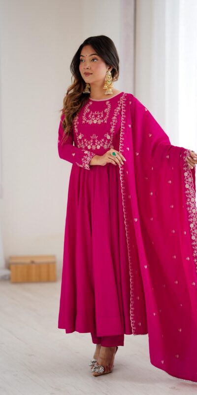 Dark Pink Roman Chanderi Silk Bead Work Salwar Suit | Jump Suits, Salwar suit, Casual Suits, Creative suits, Designer Suits, Palazzo Suits, Party Wear Suits, Patiala Suits, Straight Suits