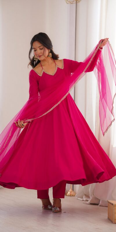 Dark Pink Soft Nylon Net Mirror Lace Work Anarkali Suit | Anarkali Suits, Bollywood Anarkali, Creative-Anarkali, Designer Anarkali, Embroidered Anarkali, Party Wear Anarkali