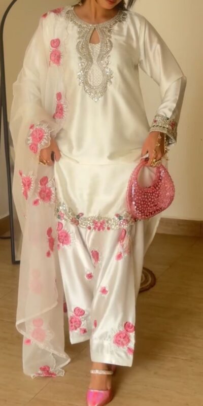 Dreamy Off White Japan Satin Embroidery Work Salwar Suit | Jump Suits, Salwar suit, Casual Suits, Creative suits, Designer Suits, Palazzo Suits, Party Wear Suits, Patiala Suits, Straight Suits