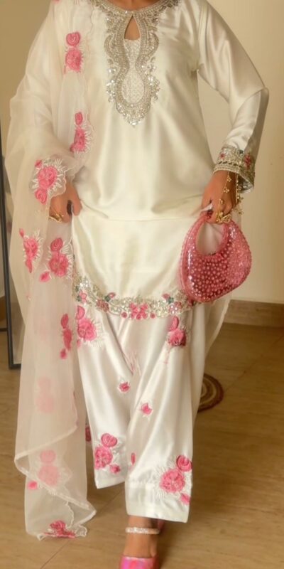 Dreamy Off White Japan Satin Embroidery Work Salwar Suit | Jump Suits, Salwar suit, Casual Suits, Creative suits, Designer Suits, Palazzo Suits, Party Wear Suits, Patiala Suits, Straight Suits