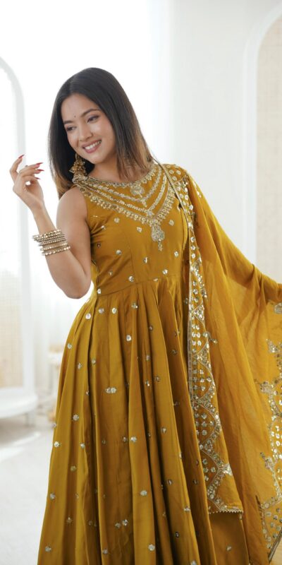 Elegant Mustered Roman Silk Embroidery Work Gown | Gowns, Bollywood Gowns, Creative Gowns, Designer Gowns, Embroidered Gowns, Party Wear Gowns