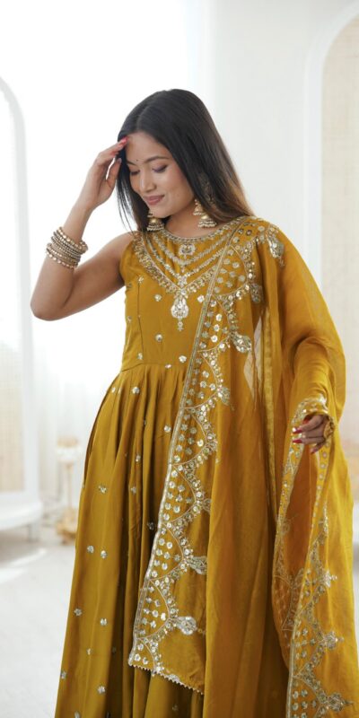Elegant Mustered Roman Silk Embroidery Work Gown | Gowns, Bollywood Gowns, Creative Gowns, Designer Gowns, Embroidered Gowns, Party Wear Gowns