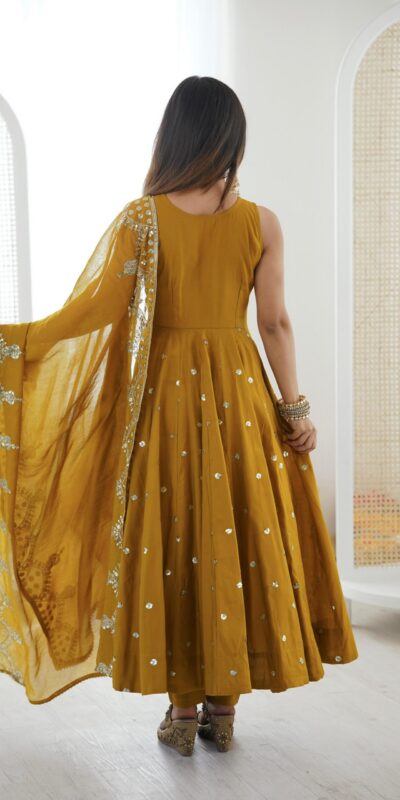 Elegant Mustered Roman Silk Embroidery Work Gown | Gowns, Bollywood Gowns, Creative Gowns, Designer Gowns, Embroidered Gowns, Party Wear Gowns