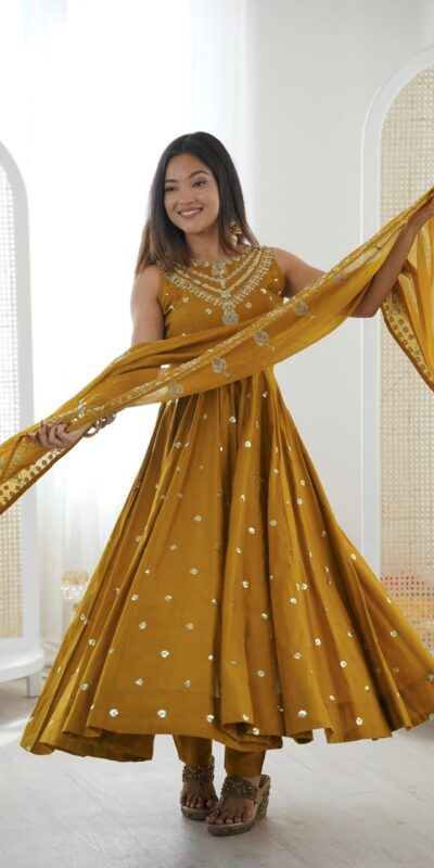Elegant Mustered Roman Silk Embroidery Work Gown | Gowns, Bollywood Gowns, Creative Gowns, Designer Gowns, Embroidered Gowns, Party Wear Gowns