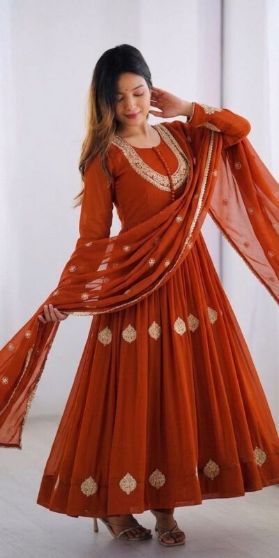 ZF 5018 Orange Color Blooming Georgette Gown With Coding Work . Get it for ₹2049. Delivery 4-6 Working Days. Online Shop now. | Gowns, Bollywood Gowns, Creative Gowns, Designer Gowns, Embroidered Gowns, Party Wear Gowns