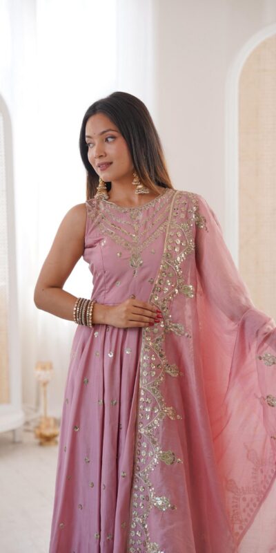 Elegant Pink Roman Silk Embroidery Work Gown | Gowns, Bollywood Gowns, Creative Gowns, Designer Gowns, Embroidered Gowns, Party Wear Gowns