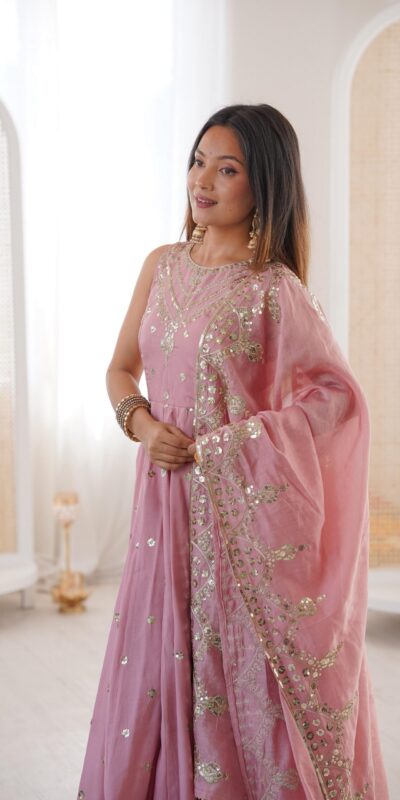 Elegant Pink Roman Silk Embroidery Work Gown | Gowns, Bollywood Gowns, Creative Gowns, Designer Gowns, Embroidered Gowns, Party Wear Gowns