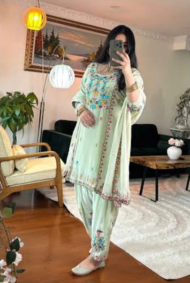 Elegant Pista Chinon Silk Embroidery Work Salwar Suit | Jump Suits, Salwar suit, Casual Suits, Creative suits, Designer Suits, Palazzo Suits, Party Wear Suits, Patiala Suits, Straight Suits