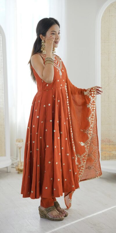 Elegant Rust Roman Silk Embroidery Work Gown | Gowns, Bollywood Gowns, Creative Gowns, Designer Gowns, Embroidered Gowns, Party Wear Gowns