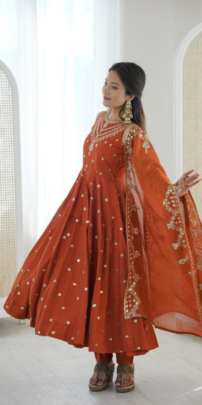 Elegant Rust Roman Silk Embroidery Work Gown | Gowns, Bollywood Gowns, Creative Gowns, Designer Gowns, Embroidered Gowns, Party Wear Gowns