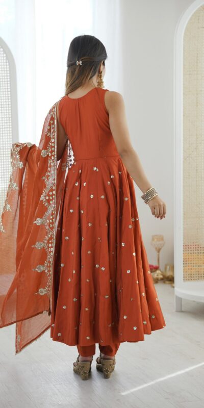 Elegant Rust Roman Silk Embroidery Work Gown | Gowns, Bollywood Gowns, Creative Gowns, Designer Gowns, Embroidered Gowns, Party Wear Gowns