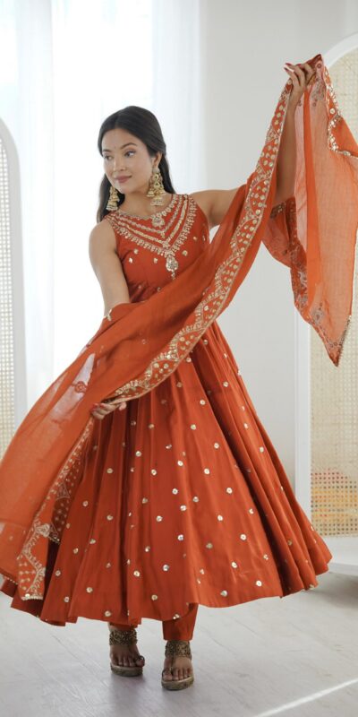 Elegant Rust Roman Silk Embroidery Work Gown | Gowns, Bollywood Gowns, Creative Gowns, Designer Gowns, Embroidered Gowns, Party Wear Gowns