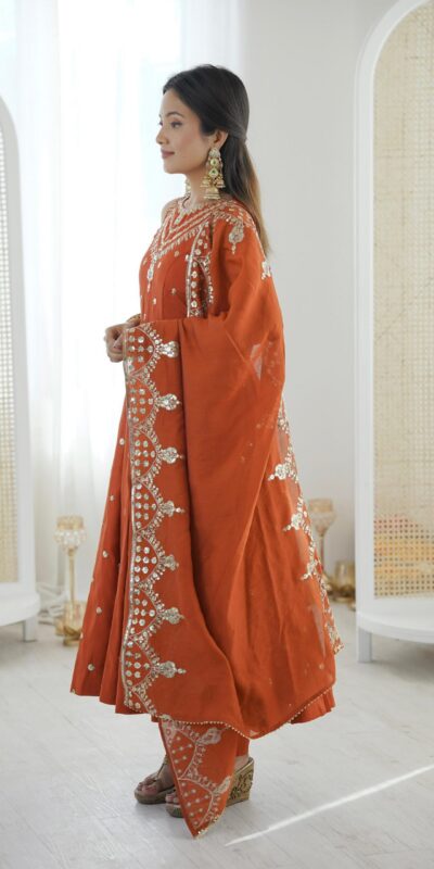 Elegant Rust Roman Silk Embroidery Work Gown | Gowns, Bollywood Gowns, Creative Gowns, Designer Gowns, Embroidered Gowns, Party Wear Gowns