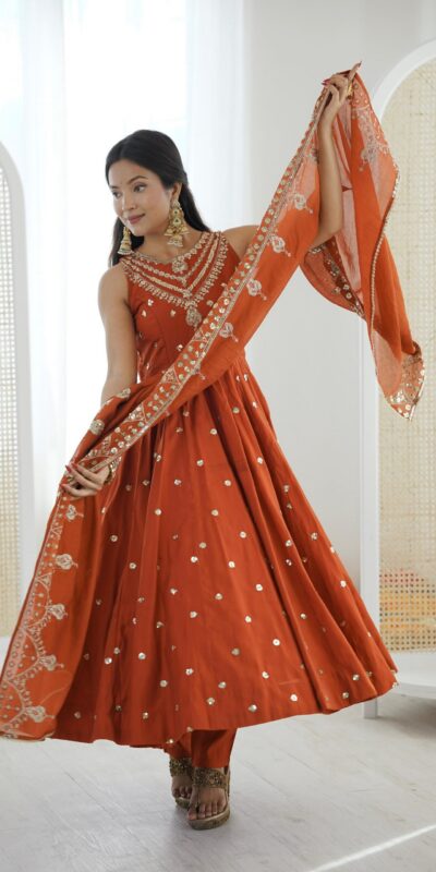 Elegant Rust Roman Silk Embroidery Work Gown | Gowns, Bollywood Gowns, Creative Gowns, Designer Gowns, Embroidered Gowns, Party Wear Gowns