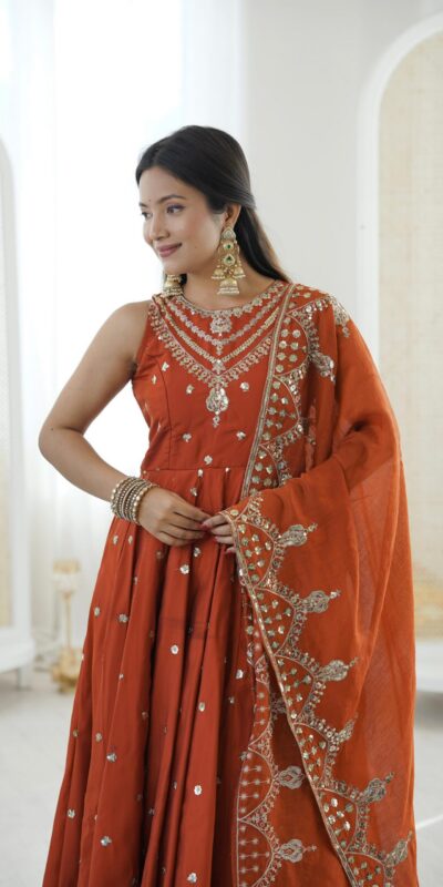 Elegant Rust Roman Silk Embroidery Work Gown | Gowns, Bollywood Gowns, Creative Gowns, Designer Gowns, Embroidered Gowns, Party Wear Gowns