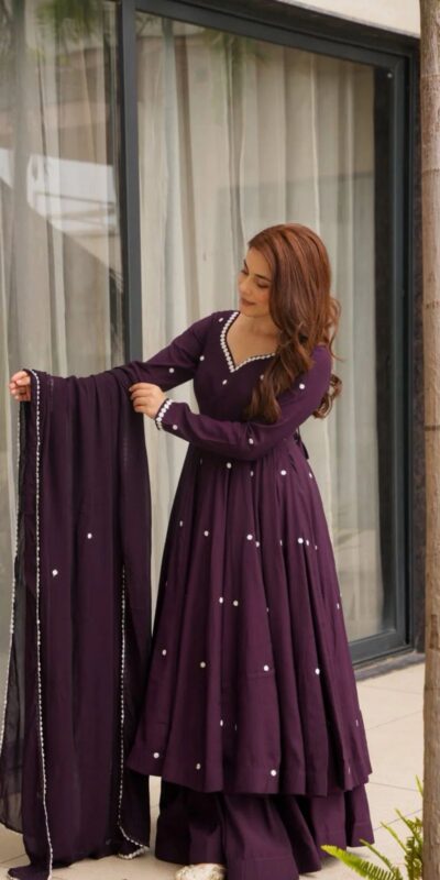 Fair Dark Purple Roman Silk Embroidery Work Anarkali Suit | Anarkali Suits, Bollywood Anarkali, Creative-Anarkali, Designer Anarkali, Embroidered Anarkali, Party Wear Anarkali