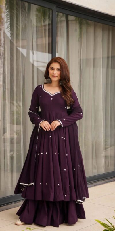 Fair Dark Purple Roman Silk Embroidery Work Anarkali Suit | Anarkali Suits, Bollywood Anarkali, Creative-Anarkali, Designer Anarkali, Embroidered Anarkali, Party Wear Anarkali