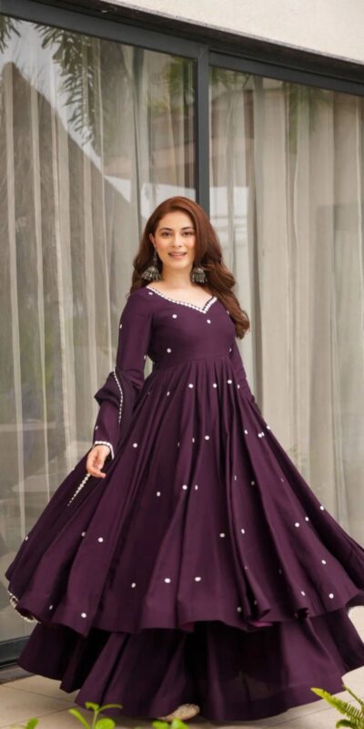 Fair Dark Purple Roman Silk Embroidery Work Anarkali Suit | Anarkali Suits, Bollywood Anarkali, Creative-Anarkali, Designer Anarkali, Embroidered Anarkali, Party Wear Anarkali
