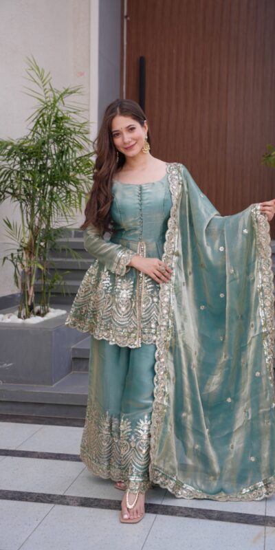 Firozi Fendy Satin Silk Embroidery Mirror Work Gown | Lehenga, Bollywood Lehenga, Creative Lehenga, Designer Lehenga, Embroidered Lehenga, Party Wear Lehenga