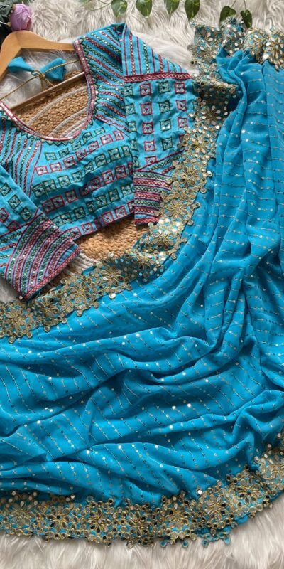 Firozi Georgette Sequence Print Saree | Sarees, Bollywood Sarees, Creative Sarees, Designer Sarees, Embroidered Sarees, Ethnic Saree, Modern Digital sarees, Party Wear Sarees