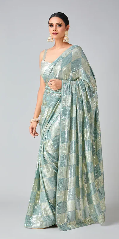 Firozi Georgette Sequins Work Saree | Sarees, Bollywood Sarees, Creative Sarees, Designer Sarees, Embroidered Sarees, Ethnic Saree, Modern Digital sarees, Party Wear Sarees