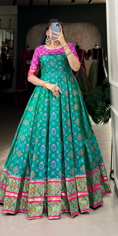 Firozi Jacquard Patola Gown | Gowns, Bollywood Gowns, Creative Gowns, Designer Gowns, Embroidered Gowns, Party Wear Gowns