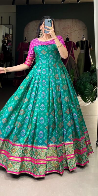 Firozi Jacquard Patola Gown | Gowns, Bollywood Gowns, Creative Gowns, Designer Gowns, Embroidered Gowns, Party Wear Gowns