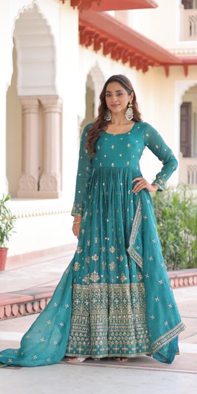 Firozi Silver Crunchy Embroidery Work Gown | Gowns, Bollywood Gowns, Creative Gowns, Designer Gowns, Embroidered Gowns, Party Wear Gowns