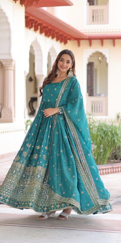 Firozi Silver Crunchy Embroidery Work Gown | Gowns, Bollywood Gowns, Creative Gowns, Designer Gowns, Embroidered Gowns, Party Wear Gowns