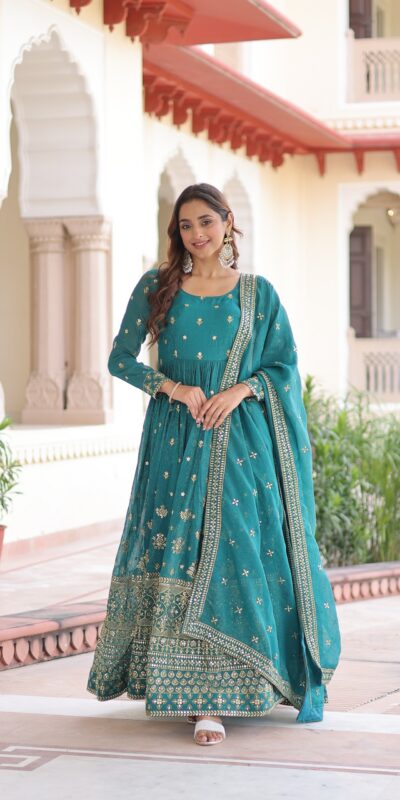 Firozi Silver Crunchy Embroidery Work Gown | Gowns, Bollywood Gowns, Creative Gowns, Designer Gowns, Embroidered Gowns, Party Wear Gowns