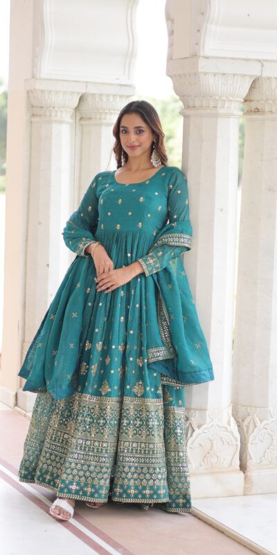 Firozi Silver Crunchy Embroidery Work Gown | Gowns, Bollywood Gowns, Creative Gowns, Designer Gowns, Embroidered Gowns, Party Wear Gowns