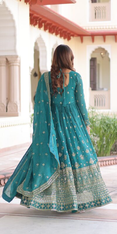 Firozi Silver Crunchy Embroidery Work Gown | Gowns, Bollywood Gowns, Creative Gowns, Designer Gowns, Embroidered Gowns, Party Wear Gowns
