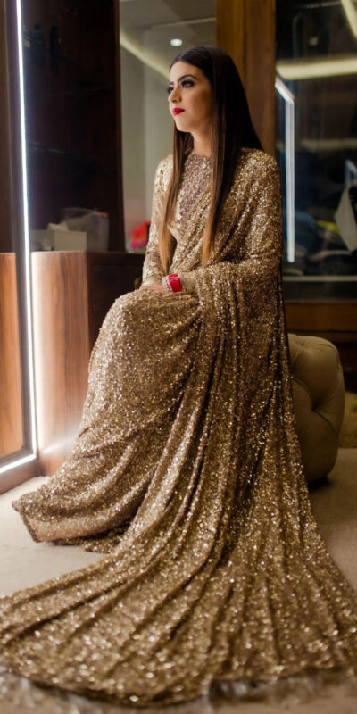 Gold Fancy Thread Sequins Work Saree | Sarees, Bollywood Sarees, Creative Sarees, Designer Sarees, Embroidered Sarees, Party Wear Sarees