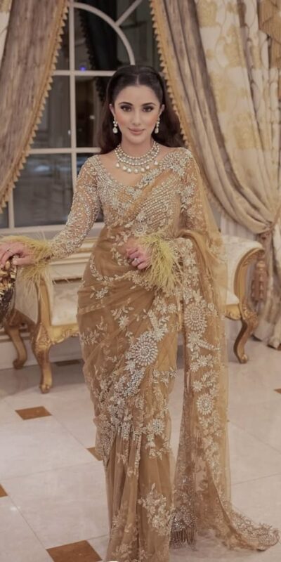 Gold Mono Net Embroidery Print Saree | Sarees, Bollywood Sarees, Creative Sarees, Designer Sarees, Embroidered Sarees, Ethnic Saree, Modern Digital sarees, Party Wear Sarees