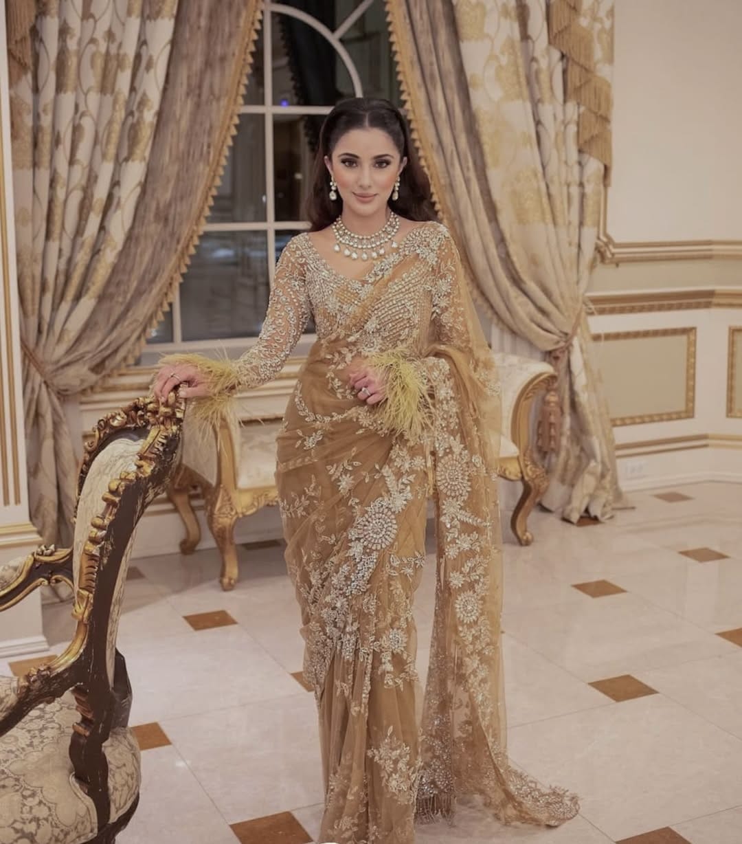 Gold Mono Net Embroidery Print Saree | Sarees, Bollywood Sarees, Creative Sarees, Designer Sarees, Embroidered Sarees, Ethnic Saree, Modern Digital sarees, Party Wear Sarees