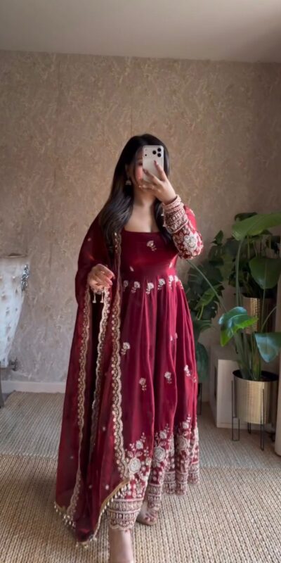 Gorgeous Maroon Fendy Silk Thread Work Salwar Suit | Anarkali Suits, Bollywood Anarkali, Creative-Anarkali, Designer Anarkali, Embroidered Anarkali, Party Wear Anarkali