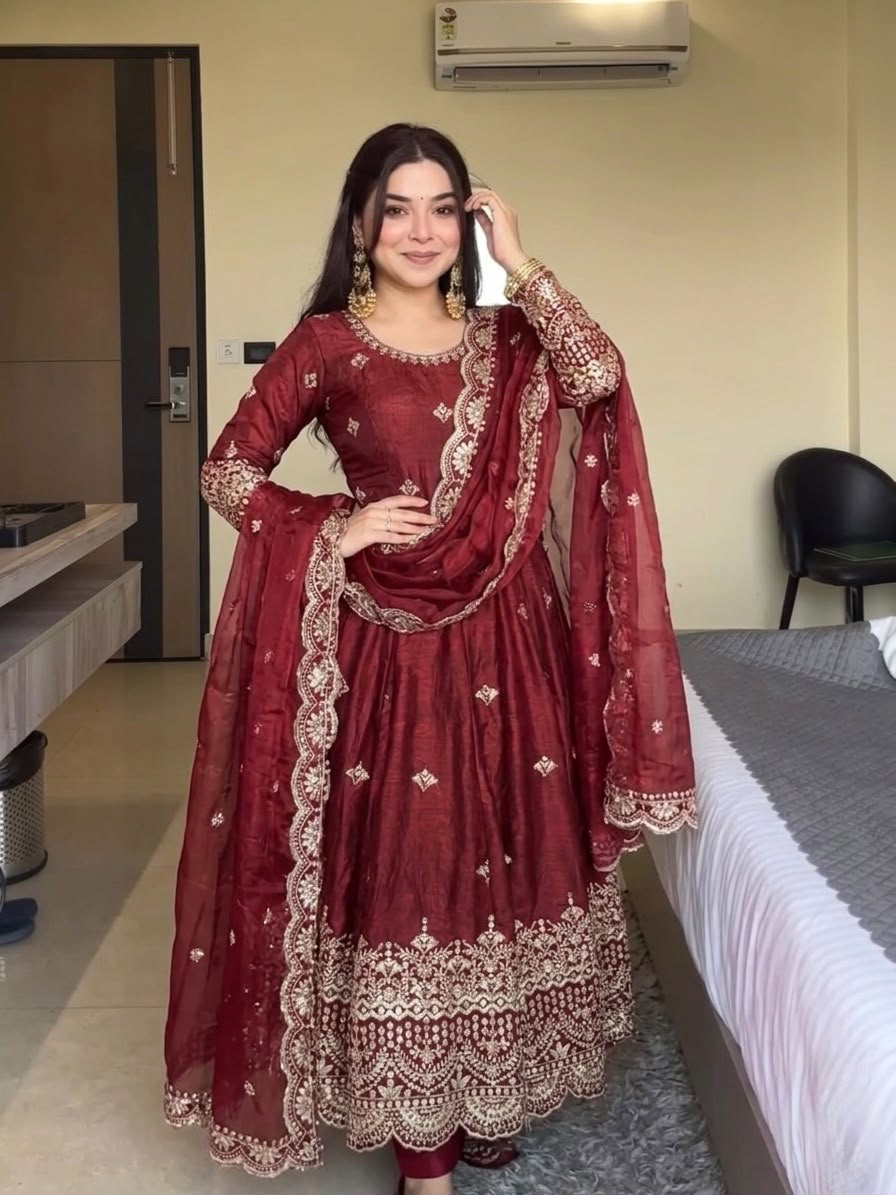 NSR 895 Red Fendy Silk Salwar Suit with Mirror Work & Embroidery Work. Best Price ₹2399. Delivery 4-6 Working Days. Shop now. | Anarkali Suits, Bollywood Anarkali, Creative-Anarkali, Designer Anarkali, Embroidered Anarkali, Party Wear Anarkali