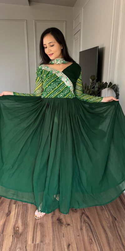 Green Bandhej Fox Georgette Sequence Embroidery Work Anarkali Gown | Gowns, Bollywood Gowns, Creative Gowns, Designer Gowns, Embroidered Gowns, Party Wear Gowns, Straight Suits